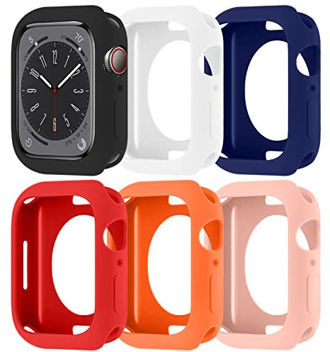 6 Pezzi Custodie Protettiva per Apple Watch Series 9/8/7 41mm,Custodia Antiurto Antigraffio in Silicone Morbido per iWatch Serie 41mm Cover，Nero/Bianco/Blu Tesoro/Rosso/Arancio/Rosa Sabbia