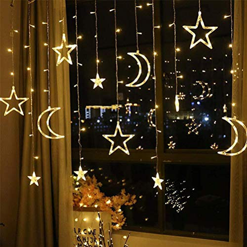 Vorhang Licht Stern Mond Fenster Lichter Dekoration Lichterkette für Schlafzimmer Wohnzimmer (Warmweiße 3,5 Meter USB-Fernbedienung)