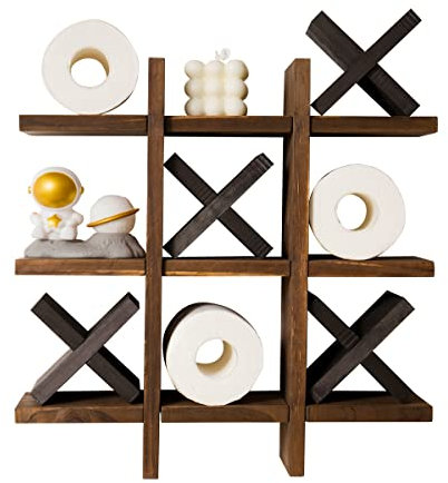 Tic Tac Toilettenpapierhalter mit Ablage und 4 Holz-X, lustiges Badezimmer, Toilettenpapier-Aufbewahrung, Bauernhaus-Toilettenpapier-Rollenaufbewahrung für Gäste-Badezimmer oder Toilettendekoration