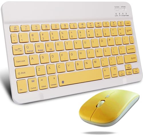 KeautFair Portable Wireless Bluetooth Keyboard and Mouse Set, Cordless Rechargeable QWERTY Layout 10“ Ultra Slim Quiet 1200DPI travel for Windows/iOS/Android PC/Laptop/iPad/Smartphone(Yellow)