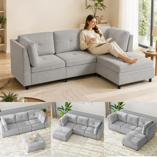 YODOLLA Ecksofa mit Schlaffunktion, L-Form Sofa Couch mit Bettkasten freistehend, 3-Sitzer Eckcouch, Schlafsofa für Wohnzimmer, Grau (Hocker Flexible beweglichkeit)