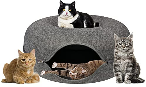 Katzentunnelbett, Katzentunnel für Indoor-Katzen, groß, Peekaboo Katzenhöhle, Katzenversteck, gefaltet, Katzen-Donut-Tunnel, abnehmbar, Katzenhaus (61x61x27.9 cm, groß ge) Dark G ray