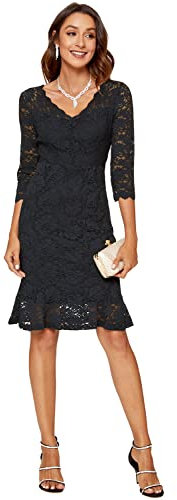 Atnlewhi Women's 3/4 Sleeve V-Neck Formal Evening Bodycon Knee-Length Vintage Lace Dress Elegant Cocktail Dresses, black, XL