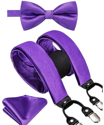 Hi-Tie Herren Hosenträger und vorgebundene Fliege mit Einstecktuch, stark, verstellbar, 6 Clips, Y-Rücken, Herren-Hosenträger, Violett, M