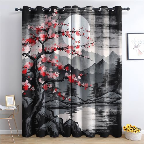 THYUNQ Rideau Occultant, Motif Japonais - Rideaux Thermiques Imprimé pour Salon Chambre Fenetre, Lot de 2 Rideaux et Draperies Intérieurs à Oeillets, 140x240 cm (L x H)