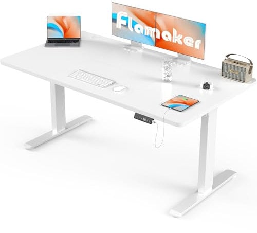 Flamaker Large Standing Desk 160x80cm with USB Charging Port, Sit Stand Reminder Desk Height Adjustable Electric Desk for Home Office with Cable Management Tray, White with Wheels