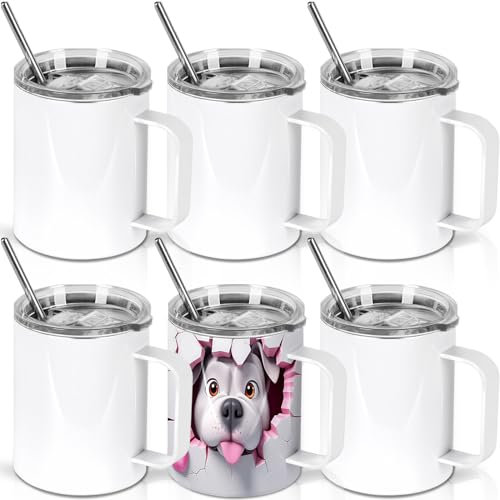 Wzaytia 12 Oz Sublimation Coffee Mug Blanks With Handle, 6 Pack Stainless Steel Sublimation Coffee Tumbler, Individually Boxed, White