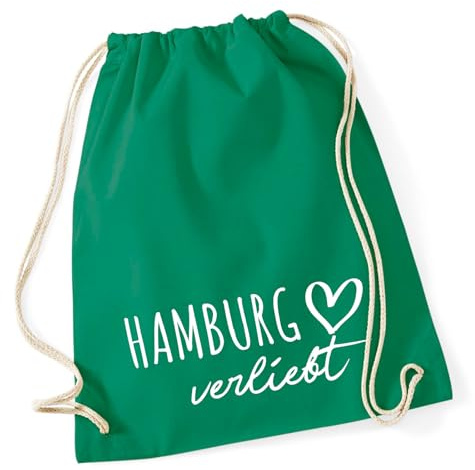 Huuraa Turnbeutel Hamburg verliebt Geschenk | Sportbeutel 12 Liter Kelly Green Baumwolle Grüner Rucksack Geschenkidee Unisex Beutel mit Kordelzug Baumwollbeutel