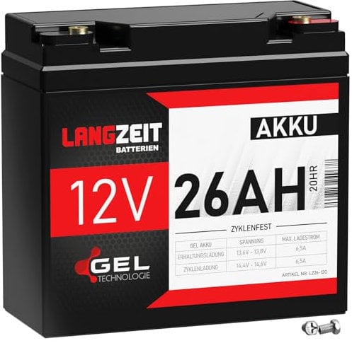 LANGZEIT Akku 12V 26Ah Gel Blei-Akku ersetzt 18Ah 19Ah 20Ah 21Ah 22Ah 24Ah 25Ah Profi USV Batterie zyklenfest auslaufsicher LC-X1220P LC-XC1222P