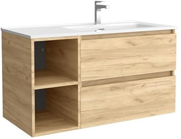 Salgar Mueble de Baño Bequia Plus 90 cm 2 cajones y Coqueta Izquierda 2 Huecos Roble con Lavabo Integrado