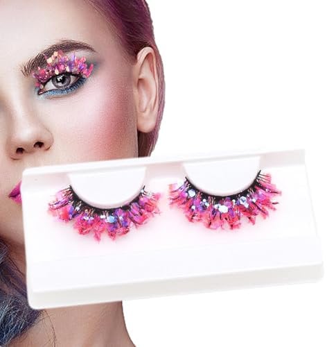 1 Paar bunte Wimpern – Russische Streifen gefälschte Wimpern | Glitzernde bunte Wimpern mit Pailletten | Weihnachtswimpern, dramatische glänzende dekorative Wimpern für Bühnenpartys für Make-up für