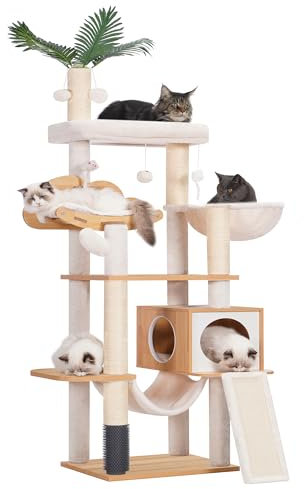 Heybly Arbre à Chat Moderne, Arbre à Chat en Bois avec 5 Griffoirs, Planche à Griffer, Panier, Tour de Jeu 156 cm, Niche, Plateforme, Hamac, 3 Pompons, Tapis Lavables, Noyer HCT120WB