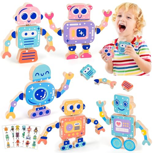 HGRGHH Bloques de Construcción de Robots de Madera, Juguetes de Motricidad Fina para Niños con Botones, Madera Juguete Regalos para 3-6 Años