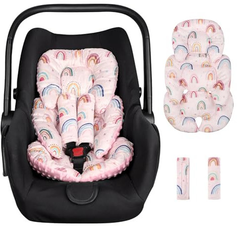 CARUILI Autositz-Einsatzkissen, superweiche Kopfstütze für Babyautositz und 2 Gurte, wendbar, für Frühchen, Neugeborene, passend für Autositz, Kinderwagen, Babywippe, rosa Regenbogen