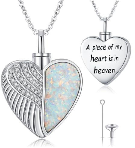 CHENGHONG Urne Halsketten für Asche, Kette Engel Damen 925 Sterling Silber Weiß Opal Asche Schmuck Zum Befüllen Herz Anhänger Engelsflügel Feder Andenken Geschenke für Frauen Männer Hunde