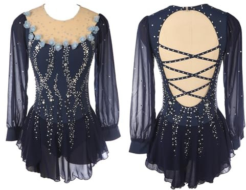 Kmarouse Eiskunstlaufkleid, Training, Wettkampf, Schlittschuh-Outfits for Frauen, Mit Strasssteinen, Tanz-Bodysuit(Blau)