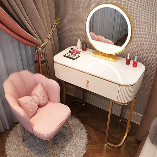 Schminktisch-Kommode mit Spiegel und Lampe, moderner Schminktisch mit Aufbewahrungsschubladen, Schminktisch Groß-Schminktisch Holz, Schminktisch mit Hocker, for Frauen und Mädchen(Pink,80cm/31.4in)