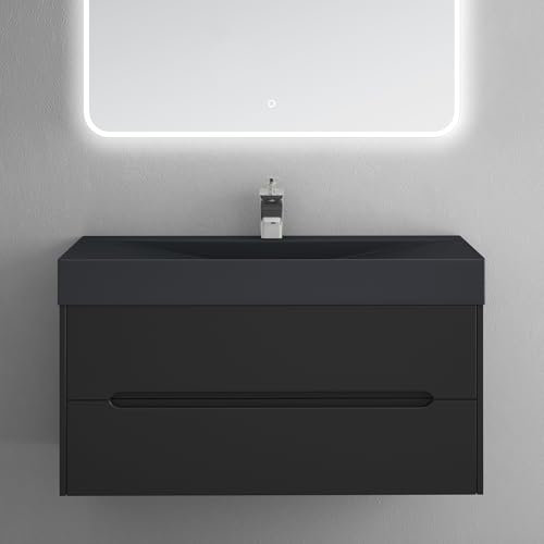 doporro Meuble de Salle de Bain Suspendus Noir Mat 100x48x56cm Ensemble de 2 Pièces Meuble avec Lavabo Design Yoga-Lackier