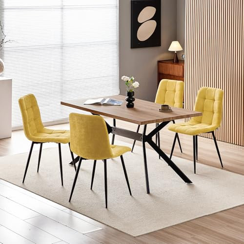 WAFTING Essgruppe Esstisch mit 4 Stühlen, 140×80×73cm HDF Esstisch mit Dunkle Holzmaserung, und Gepolsterte Gelb Esszimmerstühle mit hoher Rückenlehne und Leinendesign, für Küche Esszimmer, Wohnzimmer
