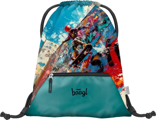 Baagl Turnbeutel für Jungen mit Reißverschlusstasche - Wasserdichter Schuhbeutel für Kinder - Schule und Kindergarten Sportbeutel - Lässiger Schwimmbeutel - Kinderbeutel für Sport (Skatepark)