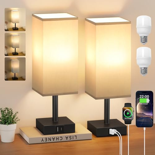 Kakanuo Nachttischlampe Touch Dimmbar 2er Set, Tischlampe mit Ladefunktion USB A+C-Anschlüssen 2 LED Birnen, Grauer-Lampenschirm, Kleine Lampe für Schlafzimmer Wohnzimmer Babyzimmer Büro