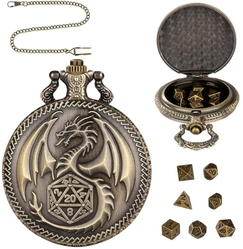 Mini DND Würfel Set, Embossed Dragon Case,Dungeons and Dragons Würfel,Dragon Pattern Watch,7-Teiliges Metall D&D Würfel mit Drachen Taschenuhrgehäuse,Taschenuhr-Würfeletui,DND Geschenke,Bronzefarbe