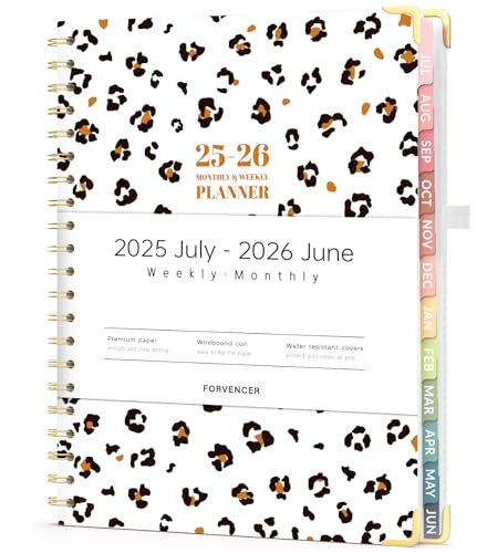 Forvencer Academic 2025-2026 Planner, July 2025- Jun 2026, Hardcover Weekly Monthly Planner, Teacher Planning Agenda Book for Women, 8.5”x 11”, Calender with Tabs for School Office,Leopard