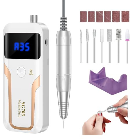 Portable Nail Drill Professional 35000 RPM, Rechargeable Electric Nail File Machine E File for Acrylic Nails Gel Polishing Removing, Cordless E-file with Bits Kit for Manicure Salon Home,(White)