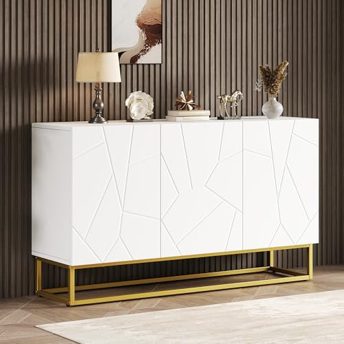 HYSZ Moderner High Gloss Sideboard Schrank - 130cm breite Buffet-Einheit mit 4 Fächern, zeitgenössischer Aufbewahrungsschrank für Esszimmer, Wohnzimmer, Flur (weiß)