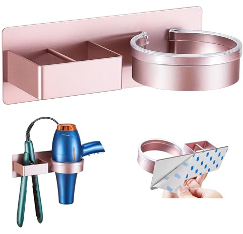 YYBO Hairdryer and Straightener Holder, Hair Dryer Holders Hair Straighteners Holder Wall Mount, Hairdryer Holders Station, Bathroom Hair Tools Organiser Adhesive Hair Dryer Stand (Rose Gold)