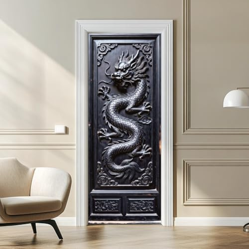arricraft 2 Blatt Selbstklebender Türaufkleber 80cm X 200cm /31.5x78.7 Zoll Schwarzer Drache Relief Tür Wandbilder Aufkleber PVC Abnehmbare Tapeten Dekoration Für Schlafzimmer Wohnzimmer