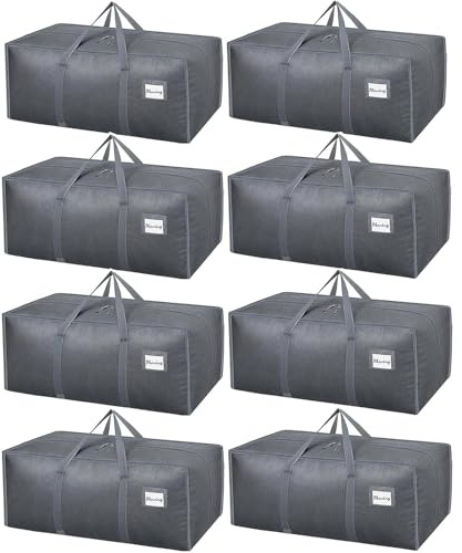Dntorx 8 Stück 120L Aufbewahrungstasche Groß, Umzugskartons Grau | Wasserdicht, 150 lb Tragkraft, Verstärkten Reißverschlüssen und Griffen, Faltbar, Etikettentasche, L-förmige große Öffnung