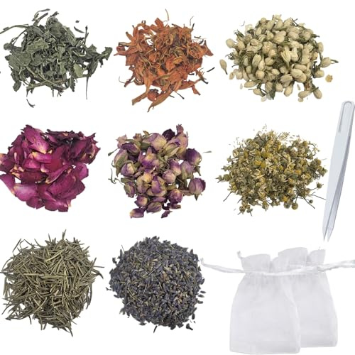 Nurila Getrocknete Blumen für Seife, 8 Typen Getrocknete Blüten mit Pinzette, Trockenblumen Rose, Lilie, Jasmin, Lavendel, Rosmarin, Minzblätter, Kamille, Dried Flowers für Seifen Selber Machen Set