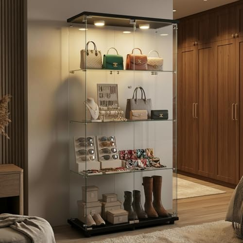 GAWYOEX Vitrine Glas, 164.5cm Groß Standvitrine, 2 Tür 4 Lagen Glasvitrine Stehend Vitrinenschrank Sammlervitrine Hochschrank für Wohnzimmer, Schlafzimmer, Büro (2 Tür 4 Lagen L, Schwarz)