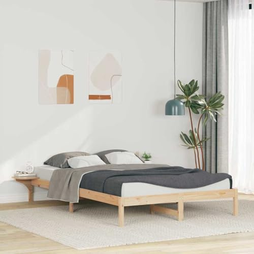 Qnhdfrt Solid Pine Wood Double Bed Frame with Nightstands | Fits 160x220 cm mattresses with a 225.5x210x32 cm overall frame size and includes built-in bedside tables for storage.
