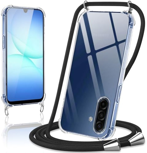 Coiwxmoi Handykette Handyhülle für Samsung Galaxy A17 4G / 5G Hülle mit Band 6,7,Transparent Case mit Kette Abnehmbar zum Umhängen Kordel Schutzhülle,Weich Silikon TPU Stoßfest Cover,Schwarz