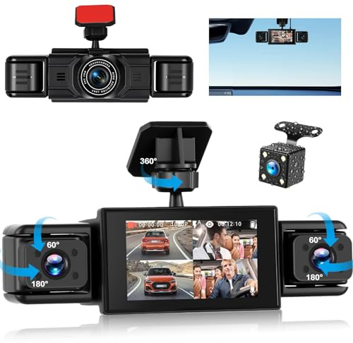 CAMECHO 4 Canaux 360° Dashcam 1080P Caméra embarquée Avant, Gauche, Droite et arrière avec GPS, Ecran Dash Cam 3 Pouces Enregistrement en Boucle, Vision Nocturne, Détection de Mouvement