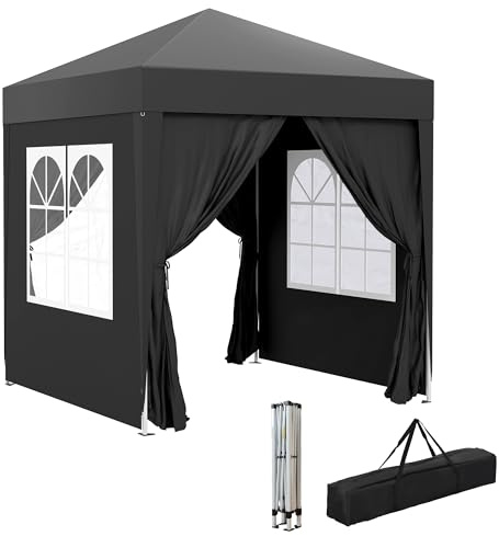 Outsunny Tonnelle de Jardin extérieure 2 x 2 m, tonnelle Pliante Pop-up, réglable en Hauteur, Protection UV, Cadre en Acier, 4 côtés Amovibles, pour Camping, Festival, Plage, Sac de Transport, Noir