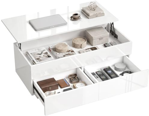 HOMCOM Couchtisch Höhenverstellbar Wohnzimmertisch mit Hebeplatte Weiß | Hochglanz, 2 Schublade, Verstecktem Stauraum, Kaffeetisch Sofatisch, für Wohnzimmer