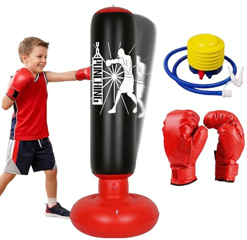 Boxningssäck för barn från 6–12 år, 160 cm stående boxningssäck, uppblåsbar med boxningshandskar, stående present till pojkar och flickor, övning av karate, kickboxning, taekwondo, MMA
