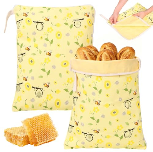2 Stück Bienenwachs Brotbeutel 43cm×33cm, wiederverwendbare Brotsack zum Frischhalten mit L-Reißverschluss und Griff, Brot Frischhaltebeutel, natürliche Bienenwachsbeutel für Brot (Bienen und Blumen)