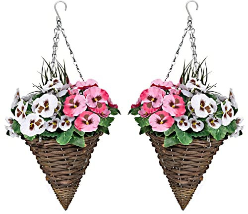 2 x Cone Shaped Hanging Baskets with Pink & White Flowers and Decorative Grasses (Set of 2)