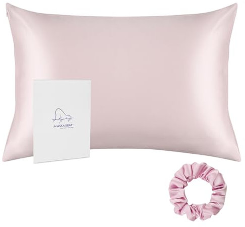 ALASKA BEAR - Natural Silk Pillowcase, Hypoallergenic, 19 momme, 600 thread count 100 percent Mulberry Silk, King Size 50 x 90 cm with hidden zipper(Pink)