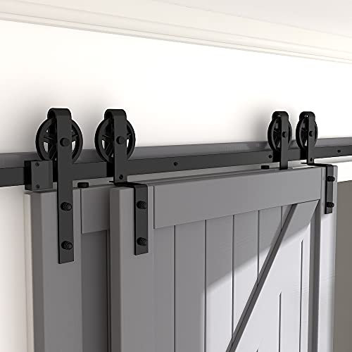 skysen 9FT Heavy Duty Sliding Barn Door Hardware Single Track Bypass Double Door Kit Black(Bypass Spoke Wheel-1)