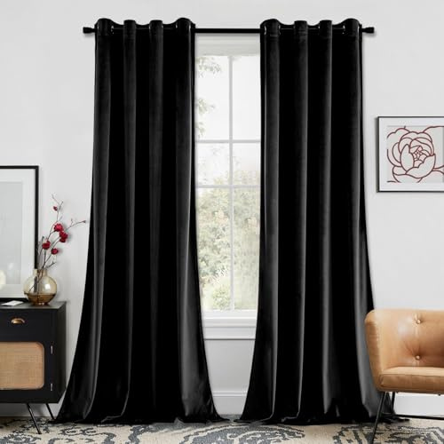 MIULEE Velvet Eyelet Curtains Black 2 Panels 46x90 Room Darkening | Soft Elegant Thick Velvet Window Curtains, Light Blocking Thermal Treatments for Bedroom Living Room Home Decor