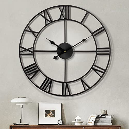 Maxstar Moderne römische Ziffern große Wanduhren,Vintage,Leichtes Tickende Runde Metall stille Wanduhr für Wohnzimmer,Küche,Schlafzimmer,Garten Dekor-schwarz 47cm
