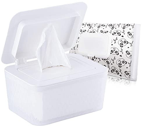 Umtiti Wipes Dispenser & Wipes Pouch/Tissue Bag, Wipes/Tissue Case with Moisture Seal Secure Lid, Non-Slip Rubber Feet & Sealing Design Keeps Wipes Fresh, Dustproof Wipes Container(WH+Panda)