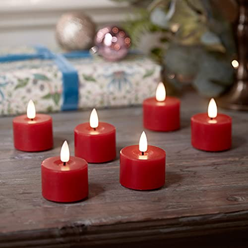 Lights4fun TruGlow® 6er Set rote LED Teelichter aus Echtwachs Timer batteriebetrieben