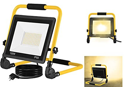 Aufun 100W LED Baustrahler Baustellenlampe Tragbar mit Stecker, LED Strahler Arbeitsleuchte mit 3m Netzkabel, Baulampe mit Klappbügel einstellbar, IP66 Wasserdicht für Werkstatt, Garage, Warmweiß