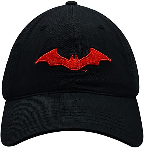 Concept One Unisex Batman-Motiv, gesticktes Logo und Flacher Krempe Baseballkappe, Schwarz/Rot, Einheitsgröße